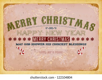 Vintage Christmas Card with candy canes and grunge background for Xmas invitation design, eps10 illustration