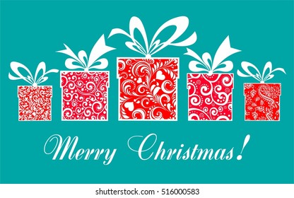 Vintage Christmas card. Celebration background with gift boxes and place for your text. vector illustration