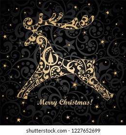 Vintage Christmas card. Celebration black background with  gold  deer and place for your text. Vector illustration