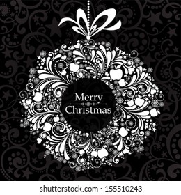 Vintage Christmas card. Celebration black background with Christmas wreath and place for your text. Vector Illustration 