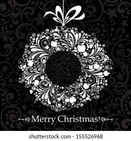 Vintage Christmas card. Celebration black background with Christmas wreath and place for your text. Vector Illustration 