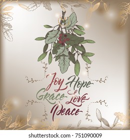 Vintage Christmas card with color mistletoe branch and brush lettering holiday wishes. Based on hand drawn sketch. Great for greeting cards and holiday design.