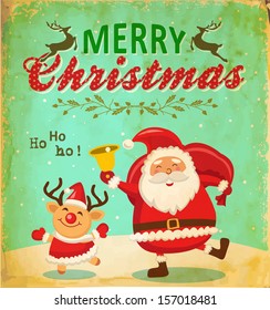 Vintage Christmas card with cute Santa claus and Christmas reindeer