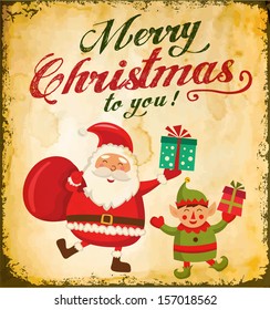 Vintage Christmas card with cute Santa claus and Christmas elf