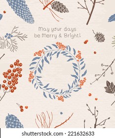 Vintage Christmas card. Christmas decoration with pine cones and berries. Seamless pattern background.