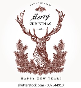 Vintage Christmas card. Deer and pine wreath. Merry Christmas and a Happy new year. Vector illustration.
