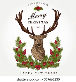 Vintage Christmas card. Deer and pine wreath. Merry Christmas and a Happy new year. Vector illustration. 