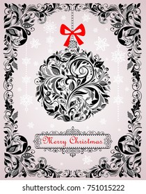 Vintage Christmas card with floral pattern and hanging decorative ball