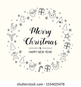 Vintage Christmas card with garland and hand drawn elements. Vector.