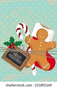 Vintage Christmas card with gift stocking, gingerbread man, candy cane and holly berry. Hand drawn vector illustration.