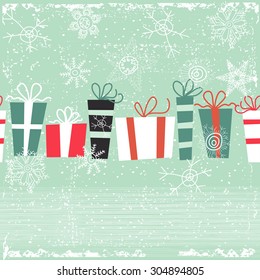 Vintage Christmas card with gifts and snowflakes. Seamless pattern