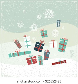 Vintage Christmas card with gifts and snowflakes. Vector illustration. Greeting card.