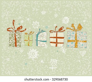 Vintage Christmas card with gifts and snowflakes. Vector illustration. Greeting card.