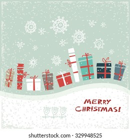 Vintage Christmas card with gifts and snowflakes. Vector illustration. Greeting card.