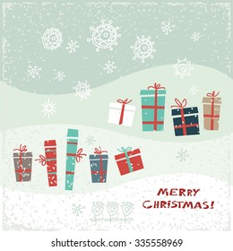 Vintage Christmas card with gifts and snowflakes. Vector illustration. Greeting card.