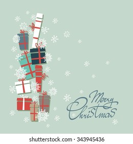 Vintage Christmas card with gifts and snowflakes. Vector illustration. Greeting card.