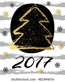 Vintage Christmas card with gold christmas three and snawflackes. Happy New Year 2017. Concept leaflet, flyer, poster advertising or any design. Vector illustration.