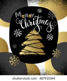 Vintage Christmas card with gold christmas three and snawflackes. Merry christmas calligraphy. Concept leaflet, flyer, poster advertising or any design. Vector illustration.