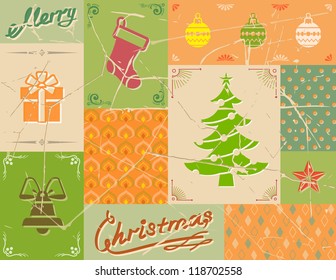 Vintage christmas card in green colors. Vector collage of christmas symbols
