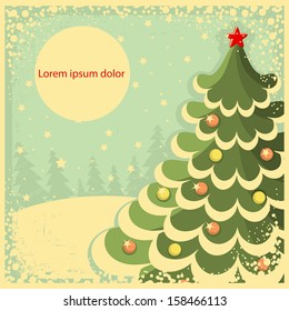 Vintage Christmas card with green tree for text on old paper background.Retro illustration