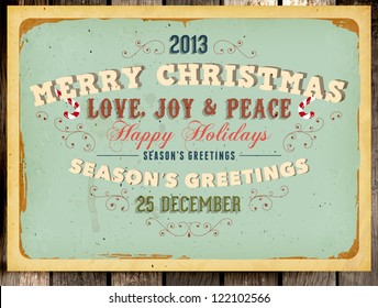 Vintage Christmas Card and grunge background for Xmas invitation design, eps10 illustration, Wood background