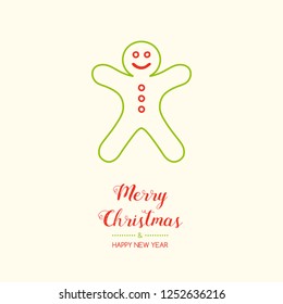 Vintage Christmas card with hand drawn gingerbread cookie. Vector.