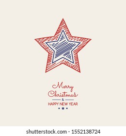 Vintage Christmas card with hand drawn star. Vector.