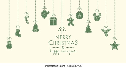 Vintage Christmas card with hanging hand drawn elements. Vector.