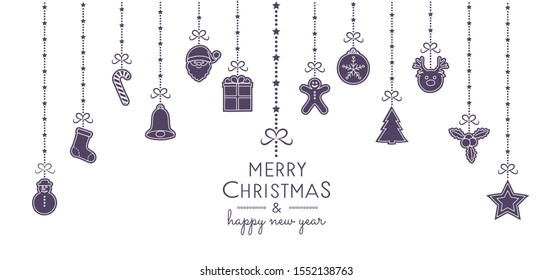 Vintage Christmas card with hanging hand drawn elements. Vector.