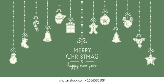 Vintage Christmas card with hanging hand drawn elements. Vector.
