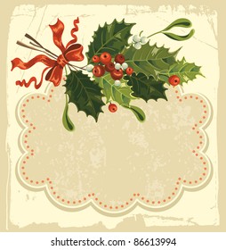 Vintage Christmas Card With Holly Berry