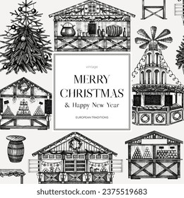 Vintage Christmas card or invitation template. Traditional European architecture. Christmas market with souvenir stalls, Christmas tree, fast food, candy shops sketches. Winter holidays background. 