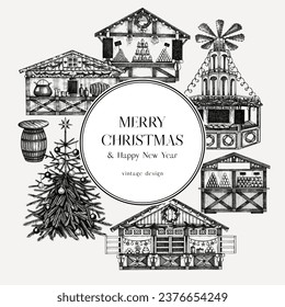 Vintage Christmas card or invitation template. European architecture. Hand drawn vector illustration. Christmas market, souvenir stalls, Christmas tree, fast food sketches. Winter holiday background. 