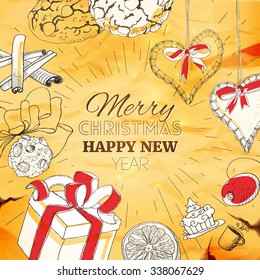 Vintage Christmas card with linear sketch illustrations at old paper. New Year banner background. Text greetings design elements.