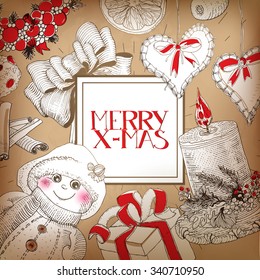 Vintage Christmas card with linear sketch illustrations at old paper and Merry Xmas lettering. New Year banner background. Greetings design elements.