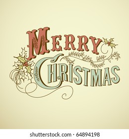 Vintage Christmas Card. Merry Christmas lettering