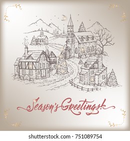 Vintage Christmas card with mountain village and holiday brush lettering. Based on hand drawn sketch. Great for holiday design.