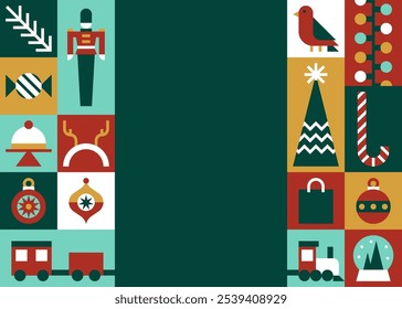 Vintage Christmas Card with Nutcracker, Tree, Ornaments, and Toy Train on Dark Green Background Vector Illustration