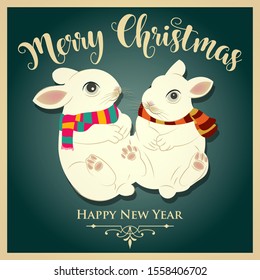 Vintage  Christmas card with rabbits and message. Christmas poster. Print. Vector