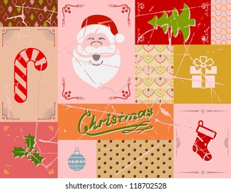 Vintage christmas card in red colors. Vector collage of christmas icons