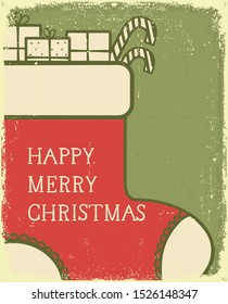 Vintage Christmas card with red sock and holiday gifts. Vector Merry christmas card on old paper texture with text