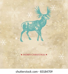 Vintage christmas card with reindeer and snowflakes