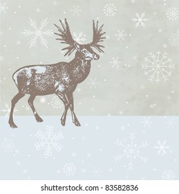 Vintage Christmas Card With Reindeer And Snowflakes