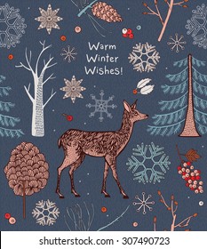 Vintage Christmas card. reindeer with text seamless pattern background. 