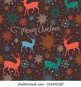 Vintage Christmas card. reindeer with text seamless pattern background.