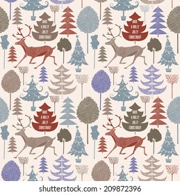 Vintage Christmas card.  Reindeer and christmas trees. Seamless pattern background.  