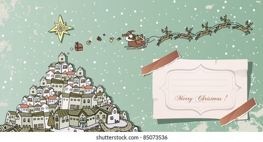 vintage christmas card Santa Claus in sleigh over cityscape