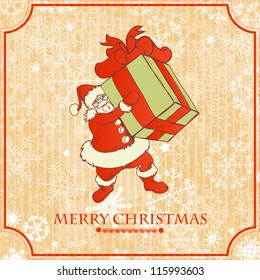 Vintage Christmas card Santa with gift vector