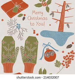 Vintage Christmas card. Seamless pattern background.