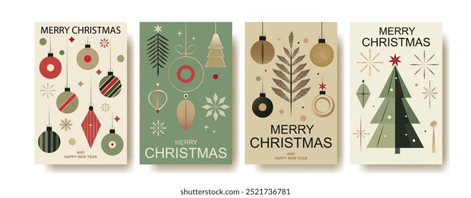 Conjunto de tarjetas de Navidad de Antiguas: Ilustraciones vectoriales minimalistas con adornos, tipografía retro y decoración Festiva. Perfecto para tarjetas de felicitación de temporada, invitaciones y decoración de Festiva.